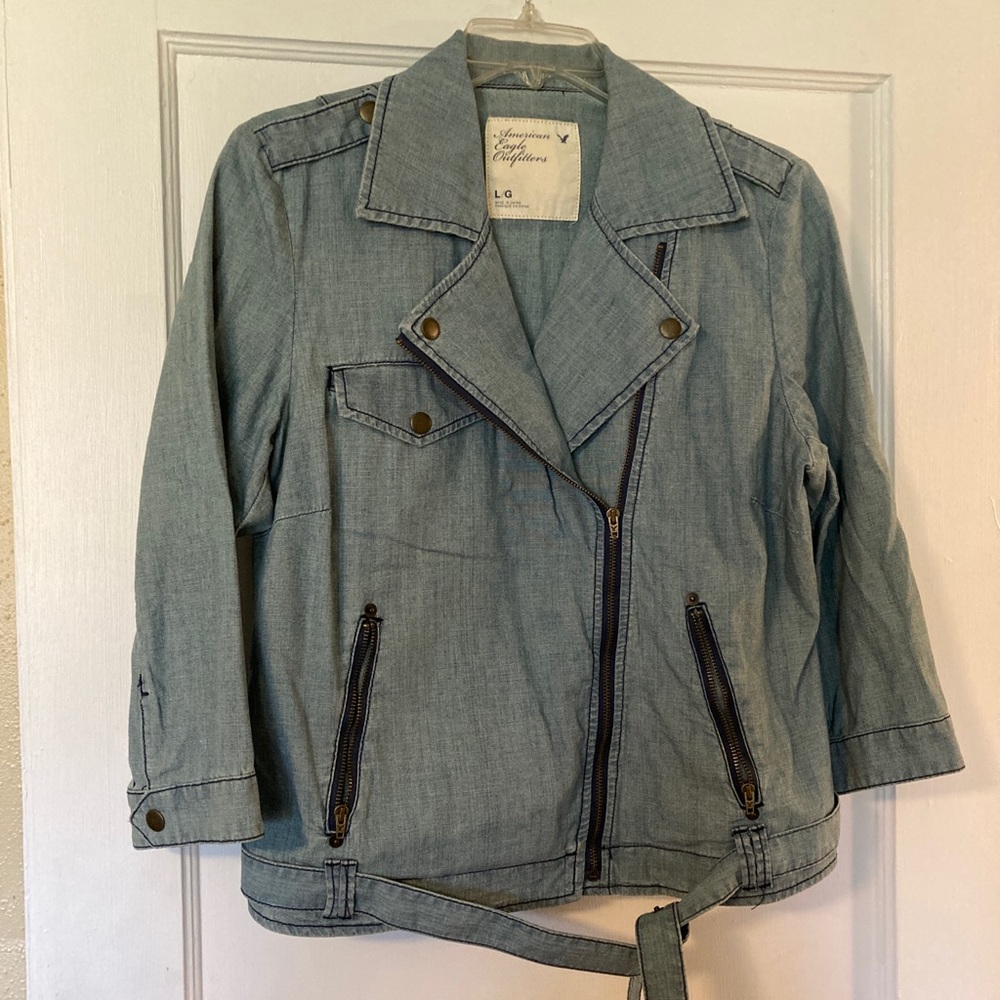 American Eagle Outfitters Light Blue Denim Moto Jacket LARGE